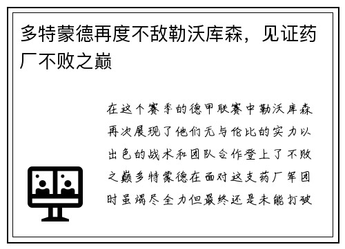 多特蒙德再度不敌勒沃库森，见证药厂不败之巅